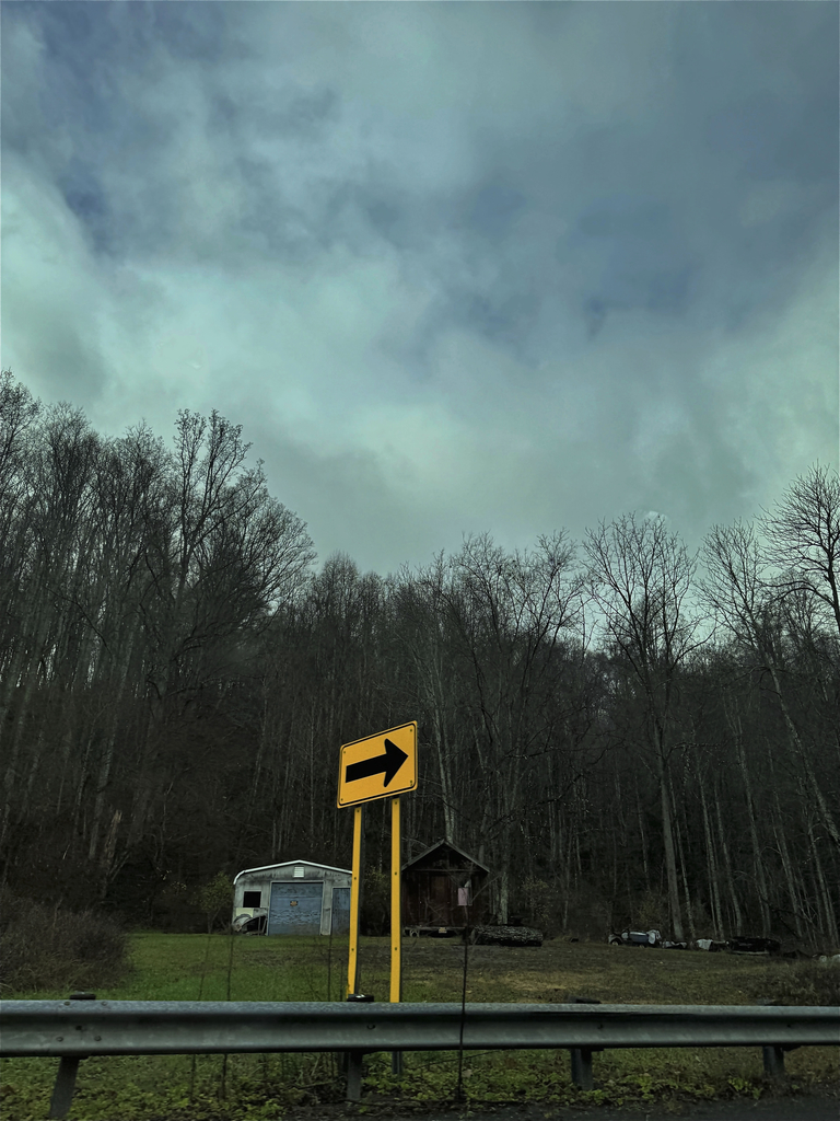 Yellow arrow road sign next to woods and two old small houses