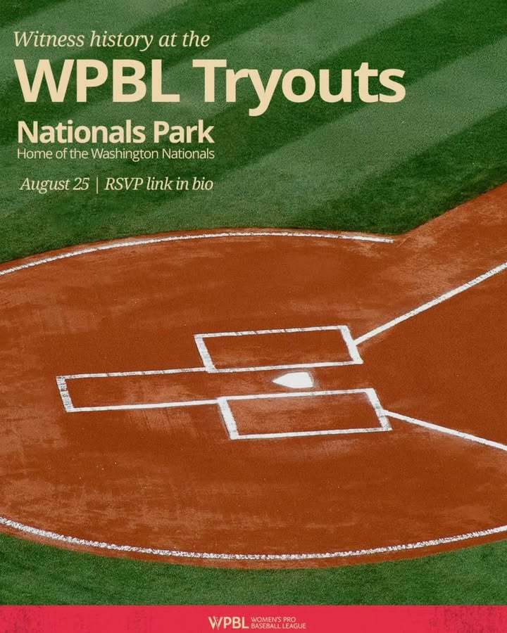 WPBL Tryouts graphic includes photo of baseball field and more information about tryouts
