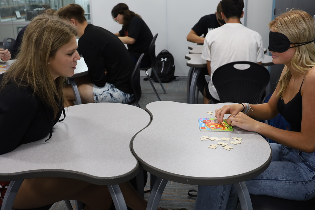 Two students working on a puzzle, one blindfolded 