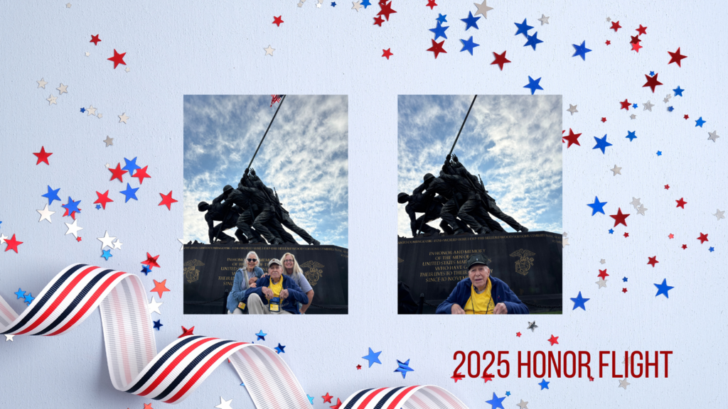 2025 Honor Flight, a veteran and family in front of a memorial in DC