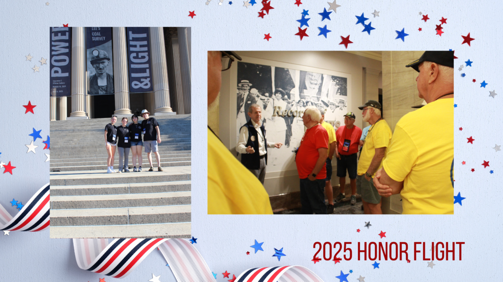 Veterans talking in DC Warrior Student media three studnets on the steps in DC with teacher
