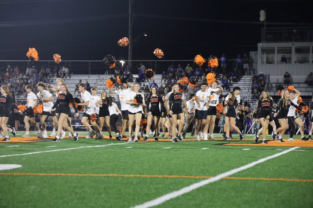 Dance on the field throwing poms with partners wearing shirts that say "I love dance"