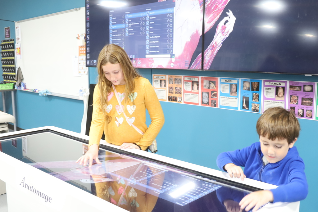 Two young kids using the anatomage table 