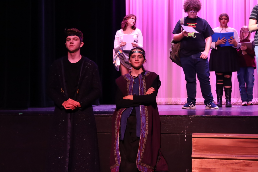 Two students posing one dressed as a king, the other dressed as a god with horns