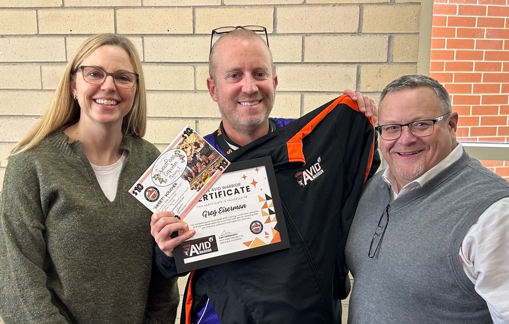 Kyle Hobson, Greg Eiserman with his certificate and AVID jacket, Carl Vallianatos