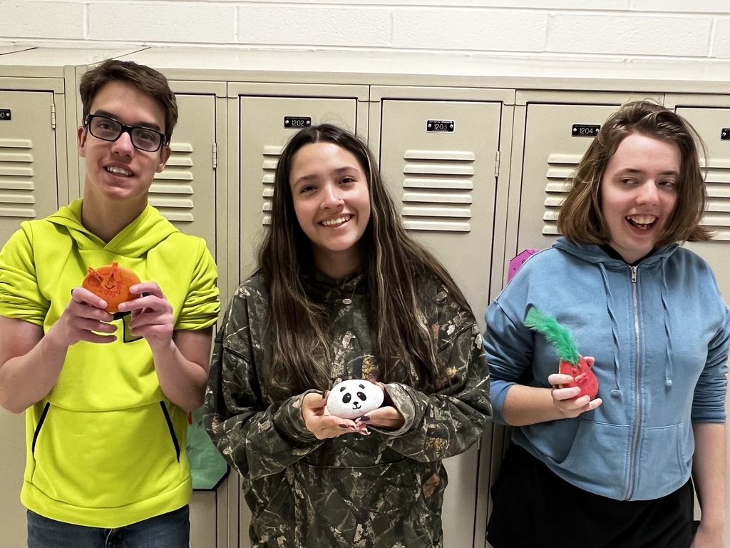 Students holding pet rocks, one looking like a panda