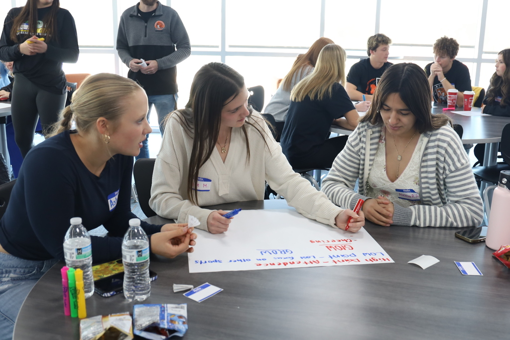 Students working on writing things down at a table