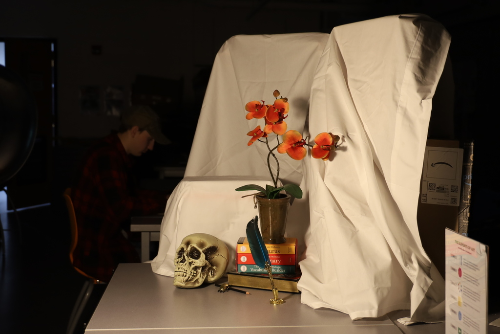 Still life with flower books, feather pen skull and sheet 