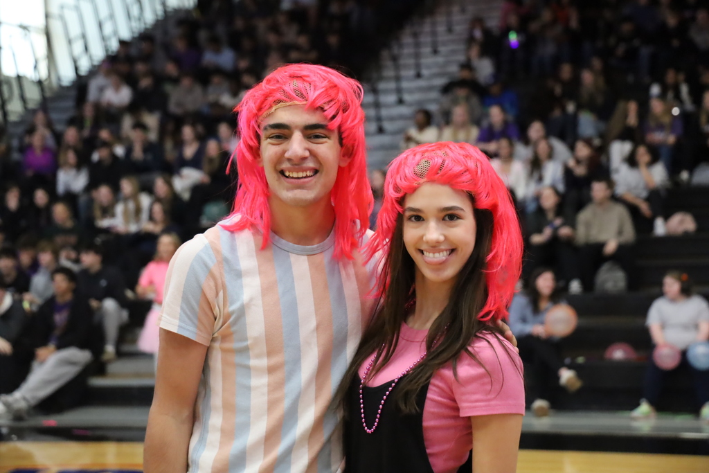 Two students posing with pink wigs