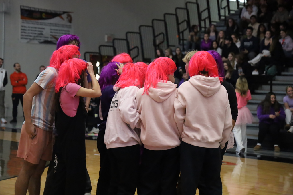 Students with pink and purple wigs huddled together 