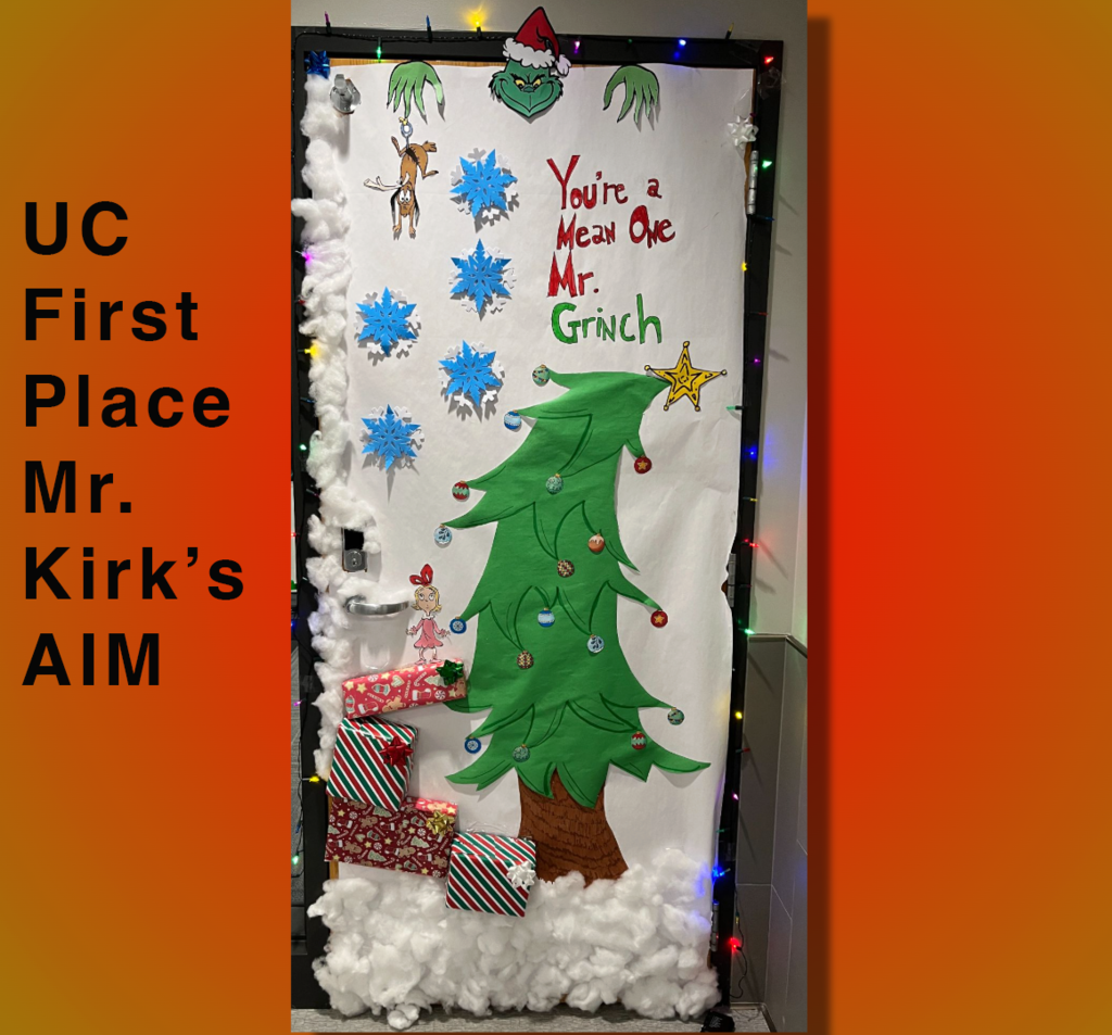 UC  First Place Mr. Kirk's AIM grinch slanting tree with presents, Cindy Lu Who and the grinch and his dog