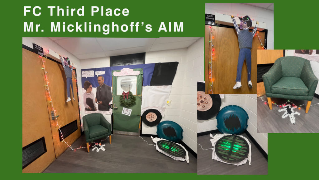 FC Third Place Mr. Micklinhoff's AIM photo of Ms. P and Mr. Sterner asking why kids are in the hallway, a photo of a teacher hanging lights 