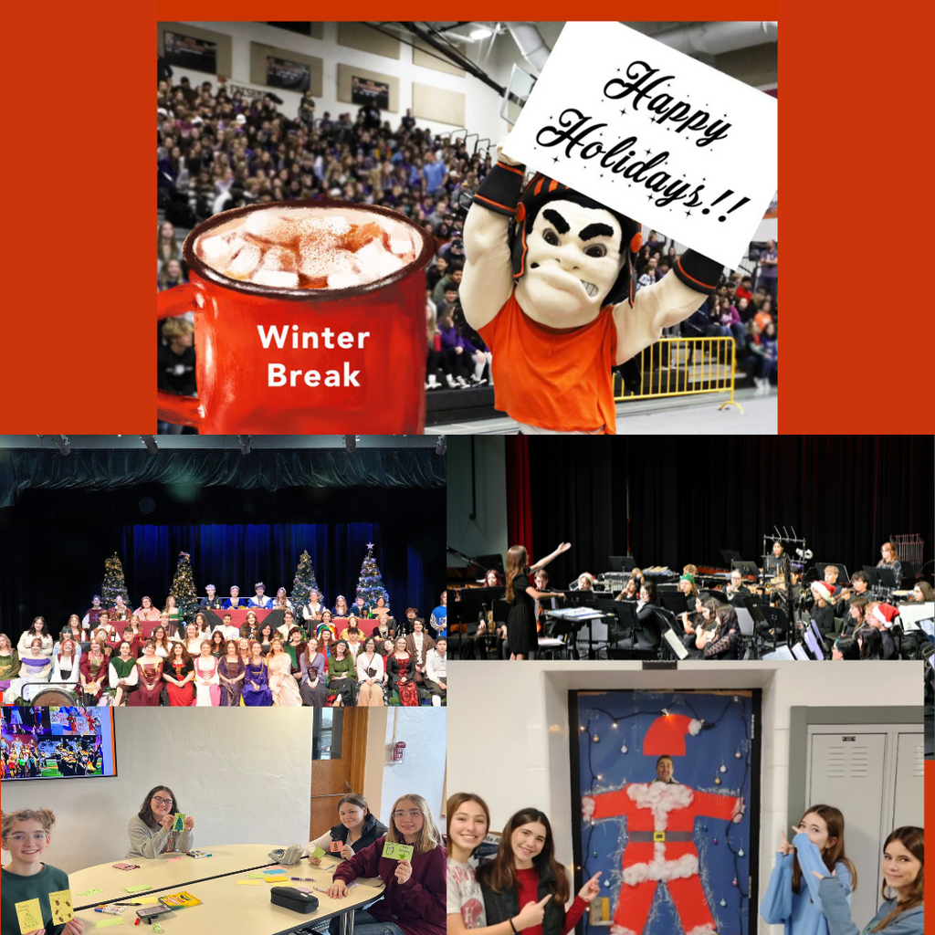 Winter Break Happy Holidays. Group photo of Madrigal dinner band photo students making cards, students around a door. 