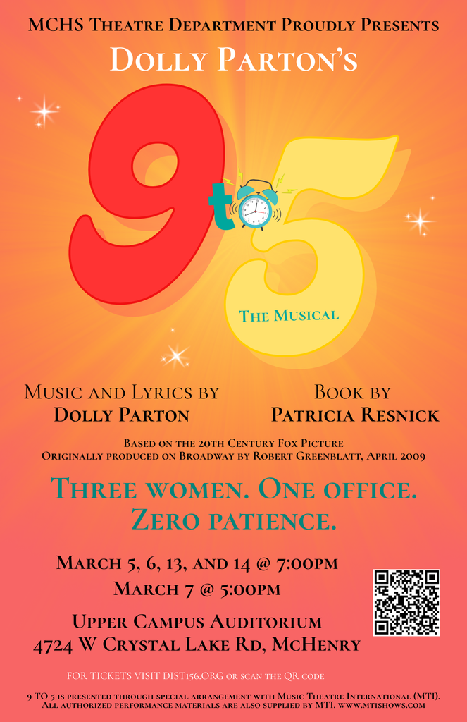 Poster with info on "9 to 5: The Musical" opening March 5 at MCHS Upper Campus