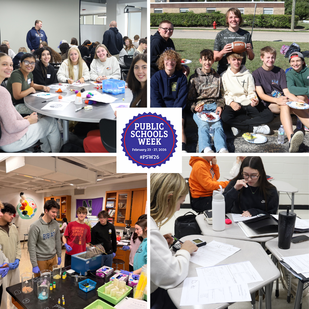 Public Schools Week February 23-27, 2026 CollageStudents at a table students eating food outside with a football. Students working on a science lab. Students working on math.