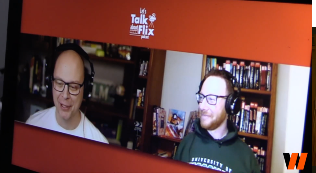 Mr. Menke on a podcast with a friend on a video chat 
