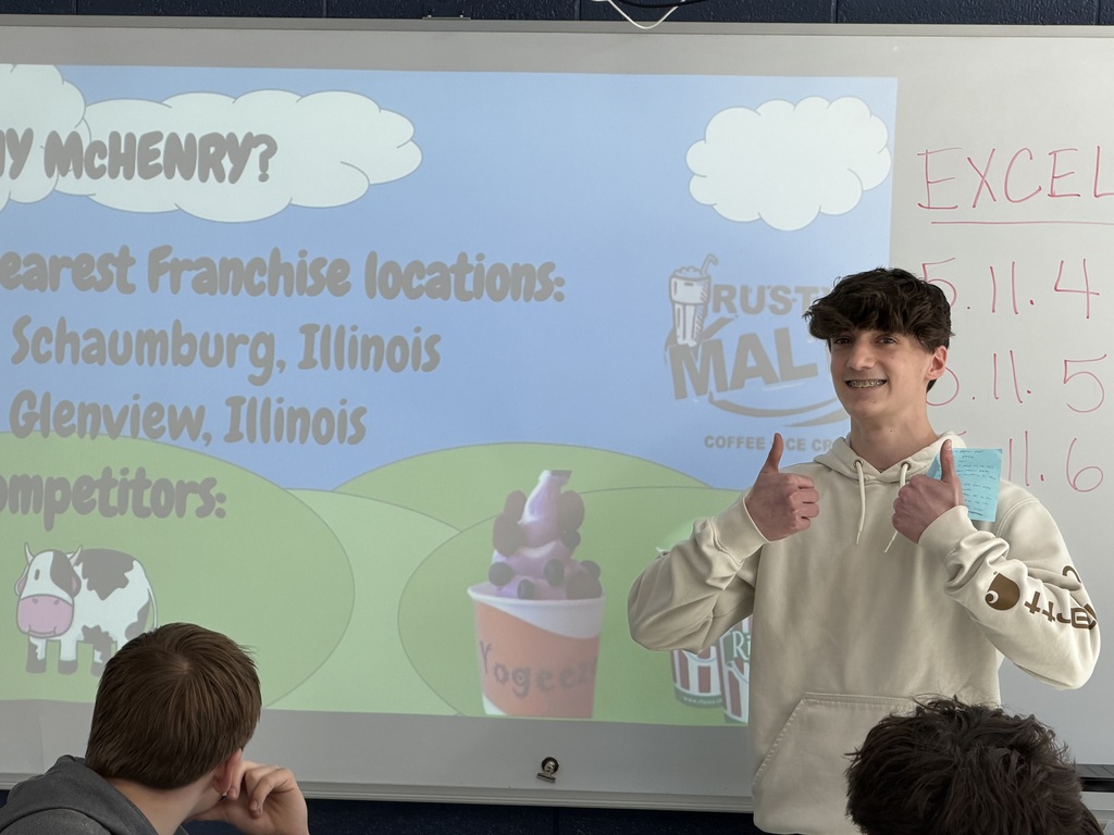 Student presenting a franchise with thumbs up