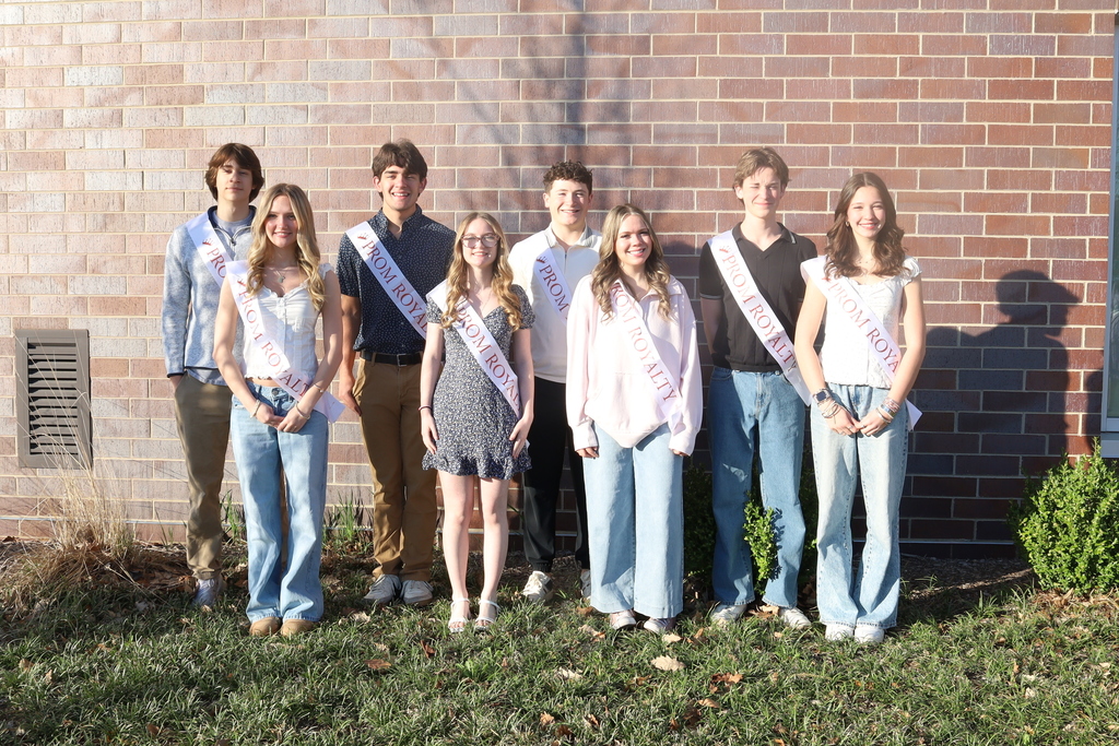 8 students posing with prom royalty sashes