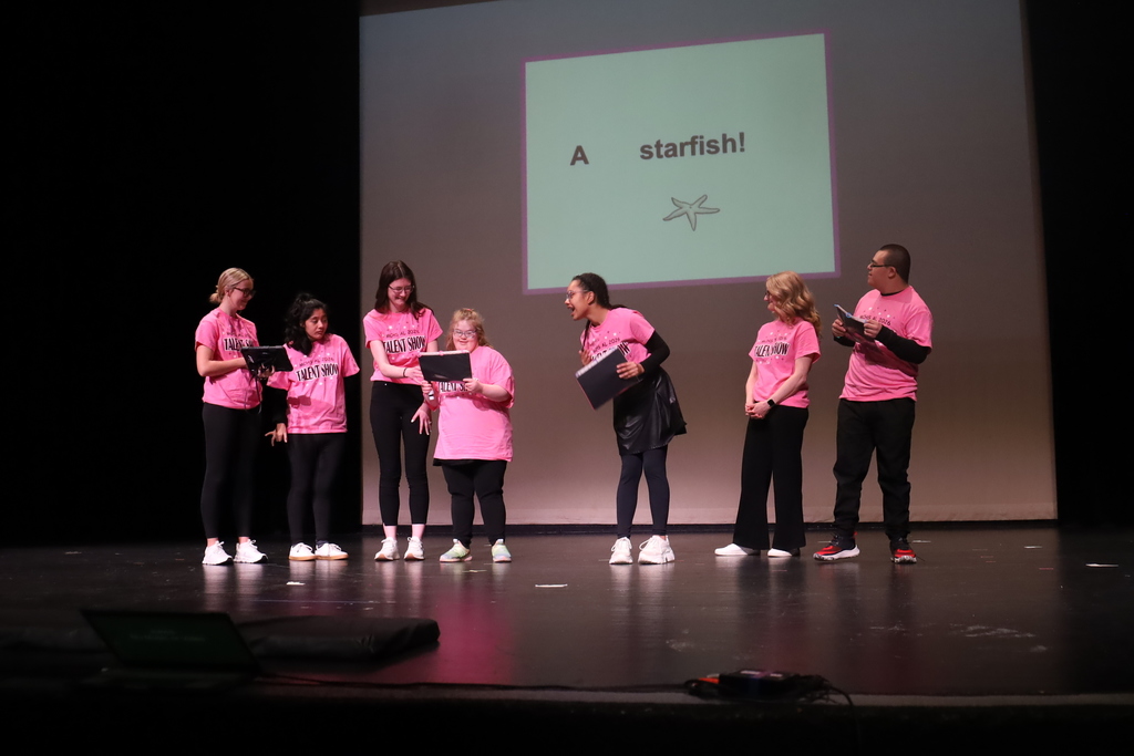 A row of students holding notes, one laughing the words "a starfish" on the screen in the back