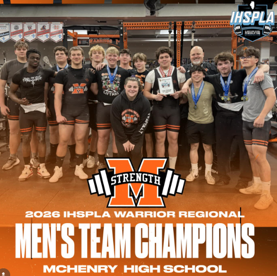 2026 IHSPLA Warrior Regional Men's Team Champions McHenry High School. McHenry Strength. IHSPLA Students standing together one holding the award