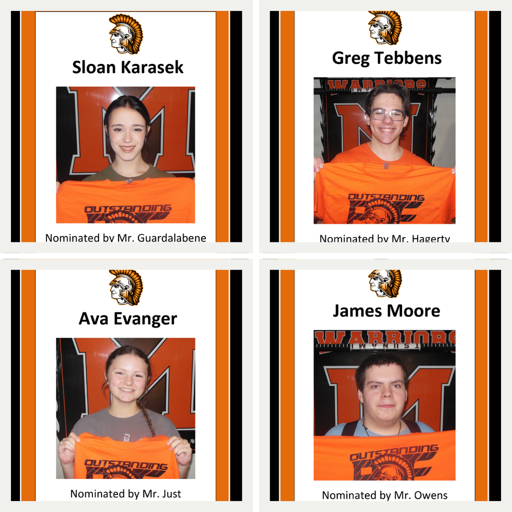 Collage of four students holding outstanding PE t-shirt Sloan Karasek Nominated by Mr. Guardalabene. Greg Tebbens nominated by Mr. Hagerty. Ava Evanger Nominated by Mr. Just. James Moore Nominated by Mr. Owens 