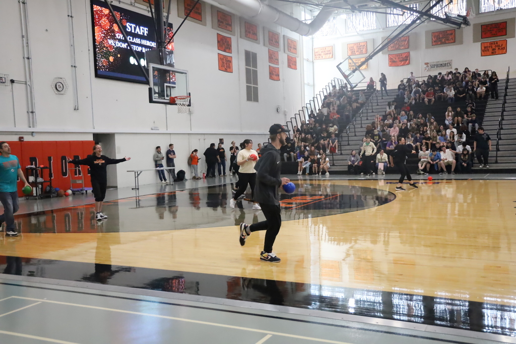 Staff playing dodgeball