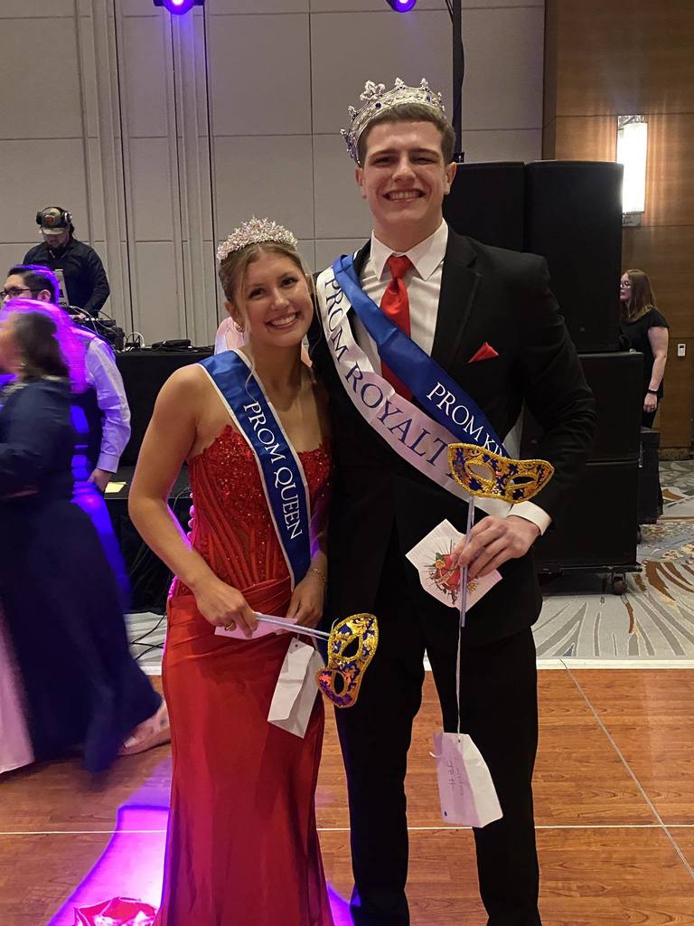 Prom King and Queen Landon and Jeni in their sashes and crowns