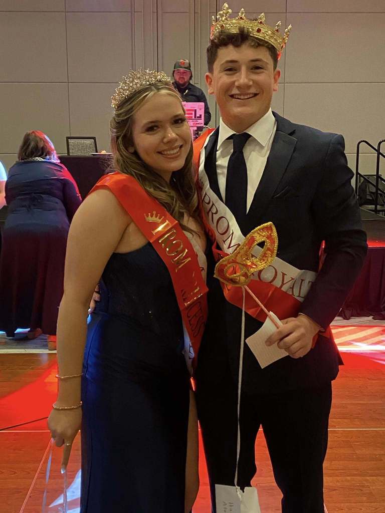 Prom prince and princess Eva and Harry in their sashes and crowns