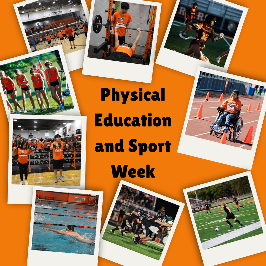 Physical Education and Sport Week. Photos of gym class volleyball, student lifting weights, student playing flag football, cross country runners, student racing on track, students lifting weights, student swimming, football player on field, soccer player kicking ball 