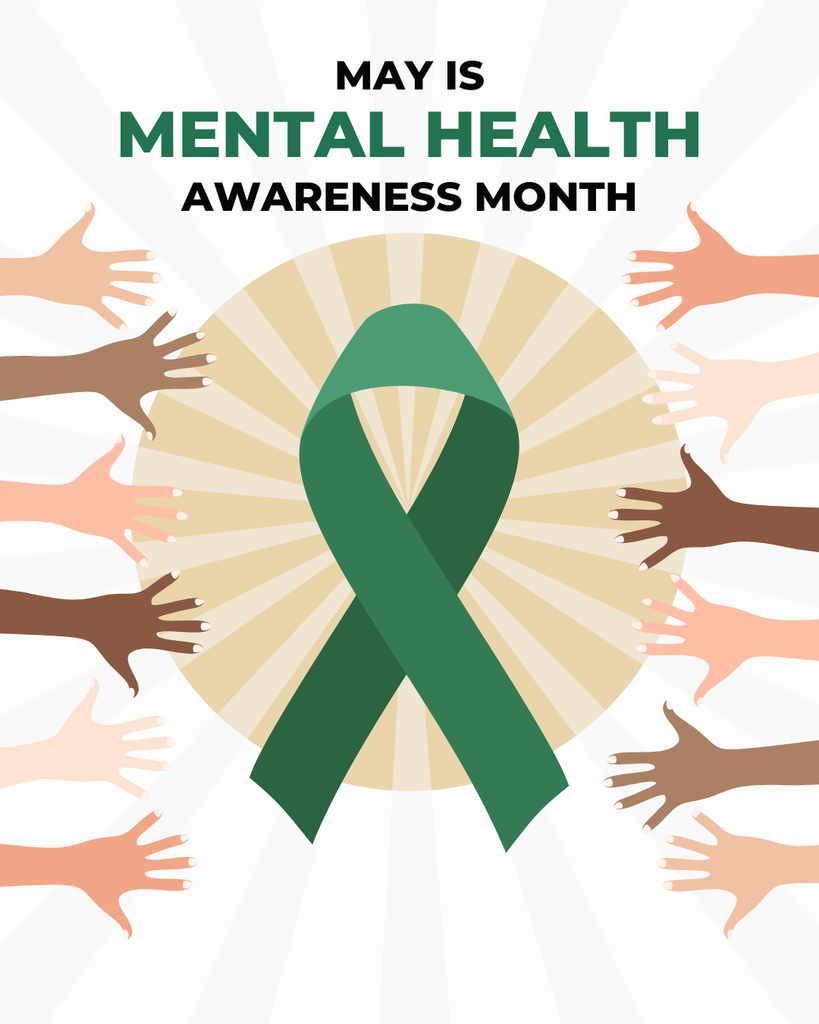 May is Mental Health Awareness Month Green ribbon and hands