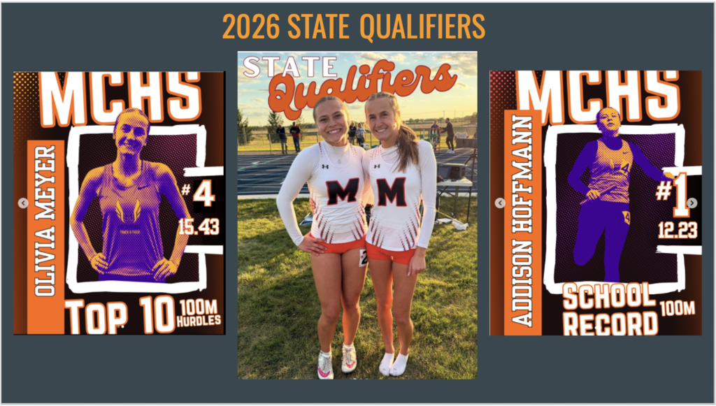 2026 State Qualifiers Olivia Meyer Top 10 100 M Hurdles Addison Hoffman School record 100 m #1 12.23 MCHS Girls individual track photos and together 