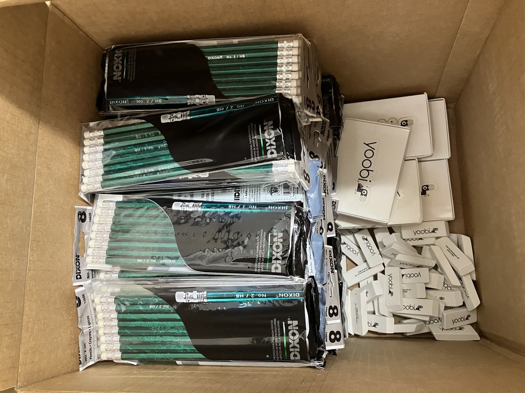 Box of pencils and erasers