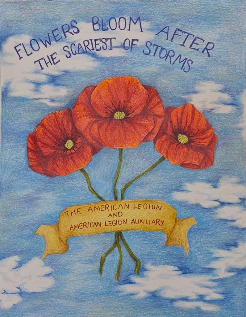 Flowers bloom after the scariest of storms painting poppies in front of clouds with a yellow ribbon that says the American Legion and American Legion Auxiliary
