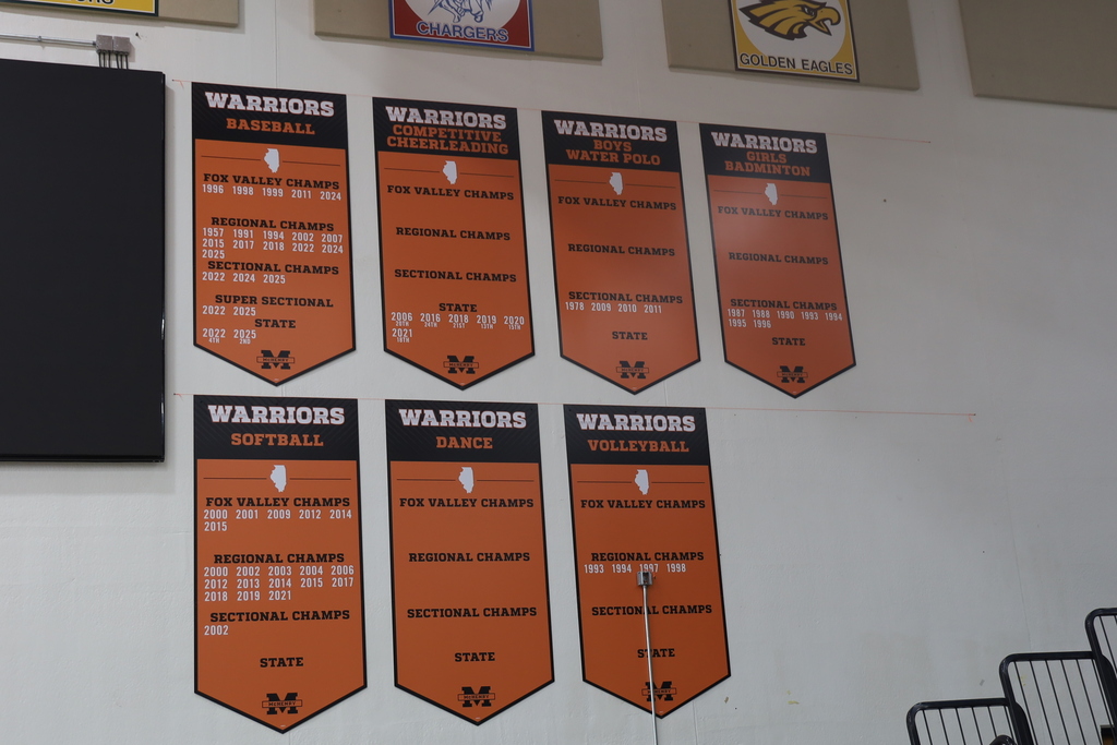 Banners in Upper campus gym Fox Valley Champs, Regional champs, sectional champs celebrations