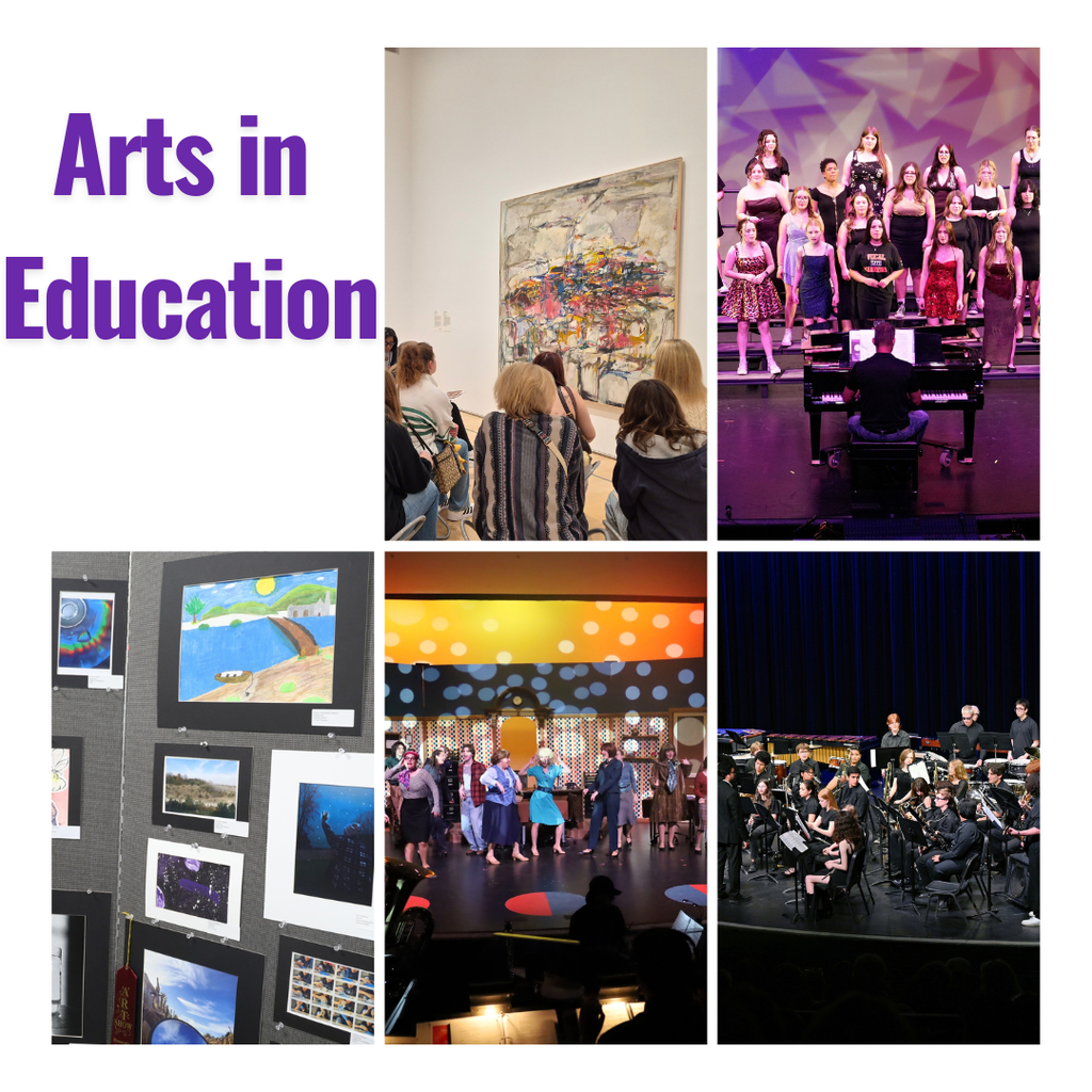 Arts in Education collage of students looking at art, singing in choir, artwork pictured. musical and band