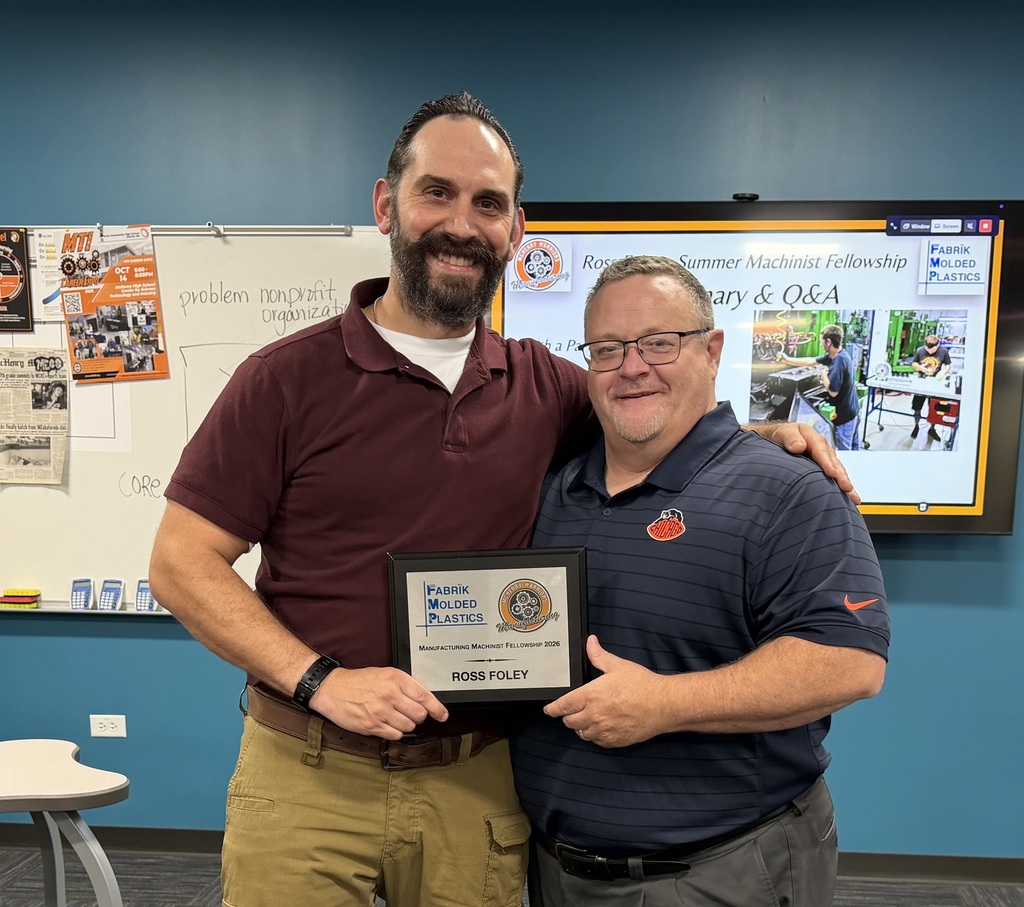  Last night, Mr. Vallianatos honored Mr. Foley after his presentation to the school board executive planning/curriculum and technology committee. Mr. Foley engaged in a paid summer machinist fellowship at Fabrik Molded Plastics as part of his role in D156 as a dual credit manufacturing teacher. Mr. Foley worked approximately 10 weeks learning more about the industry, CNC machines, and techniques of the field.