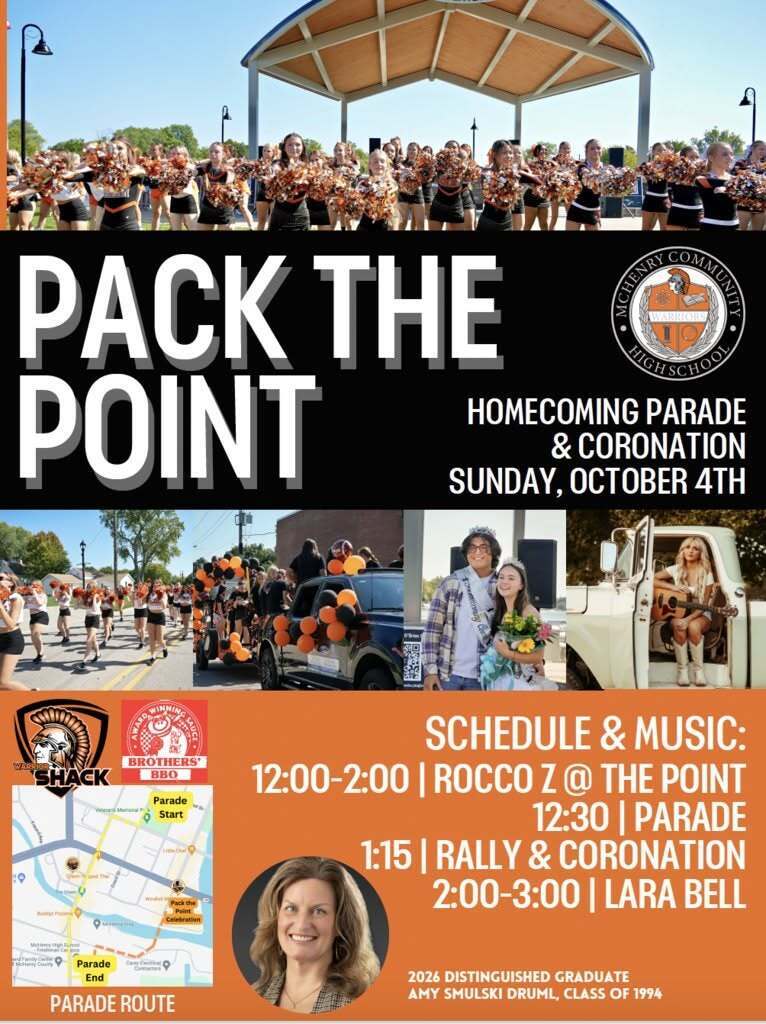 Pack the Point Homecoming Parade and Coronation Sunday, October 4 Schedule and Music: 12-2 Rocco Z at the Point 12:30 Parade 1:15 Rally and Coronation 2-3 Lara Bel 2026 Distinguished Graduate Amy Smulskhi Druml Class of 1996