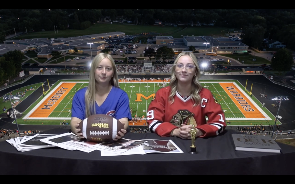 Students holding football in front of drone shot of McCracken field