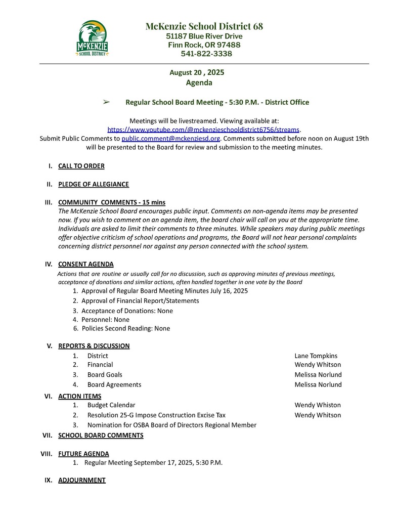 August Agenda