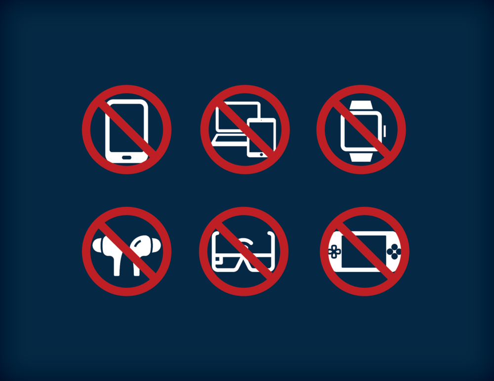 graphic with icons of smartphone, tablet and laptop, smartwatch, earbuds, smartglasses, and portable game console all marked with red prohibited symbols