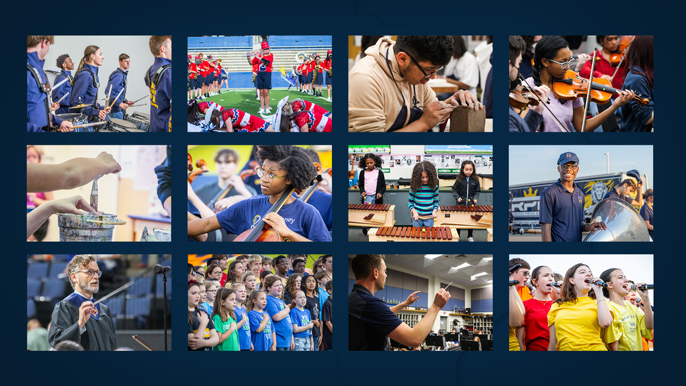 collage of fine arts photos that includes, band, choir, theatre, orchestra, sculpture and elementary music class