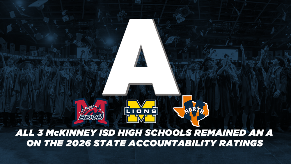 graphic with large A and high school logos that reads all 3 Mckinney isd high schools remained an a on the 2026 state accountability ratings