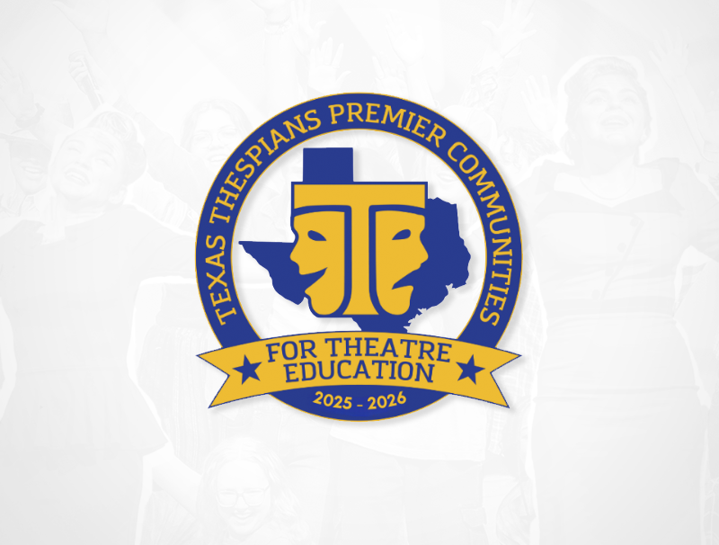 Graphic with Texas Thespians Premier Communities logo over gray background 
