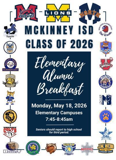 announcement for the 2026 Alumni Breakfast  on May 18 at 7:45am and each elementary campus