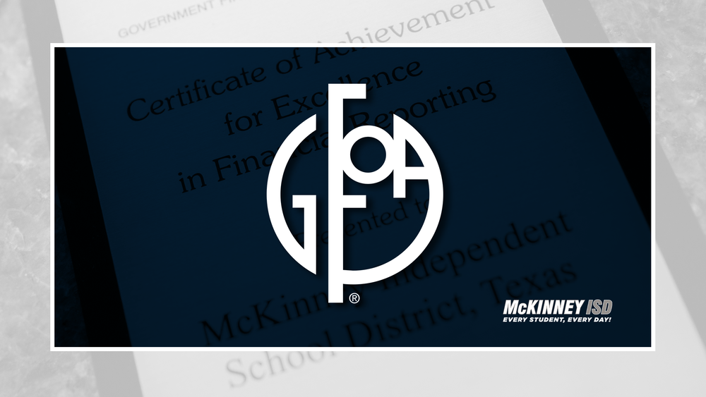 GFOA logo on blue background with image of award in the background