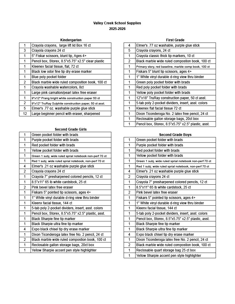 School Supply Lists