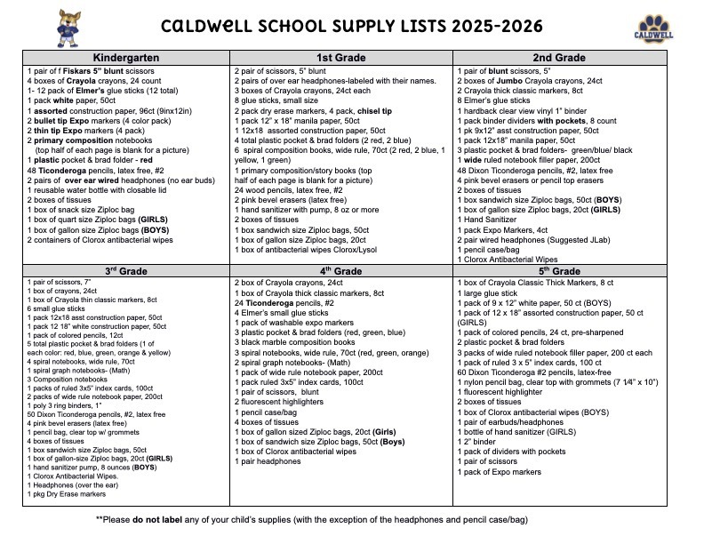 School Supply Lists 2526