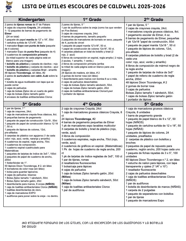 School Supply Lists