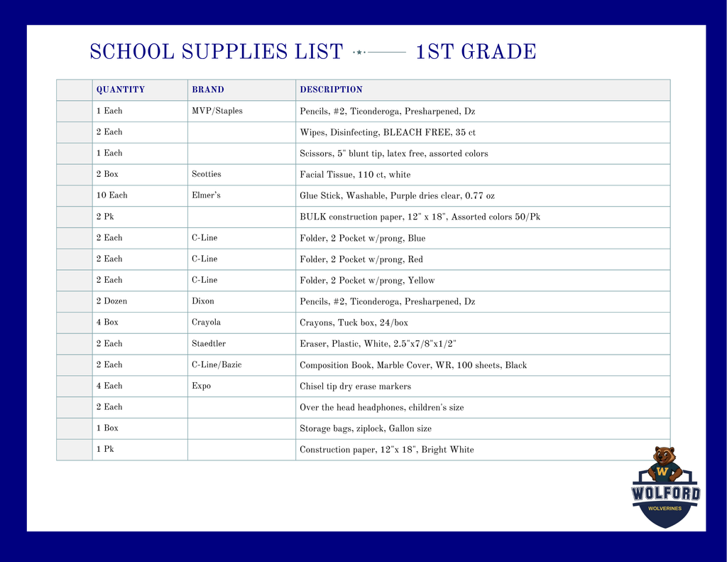 School Supply List: 1st Grade