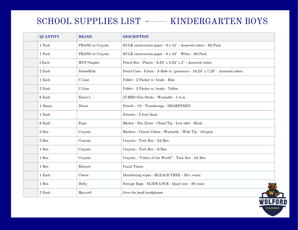 School Supply List - K Boys